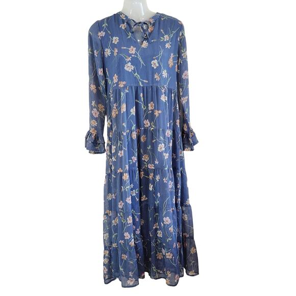 Patrons of Peace Blue Floral Maxi Dress with Long Flutter Sleeves size XS - Picture 1 of 10